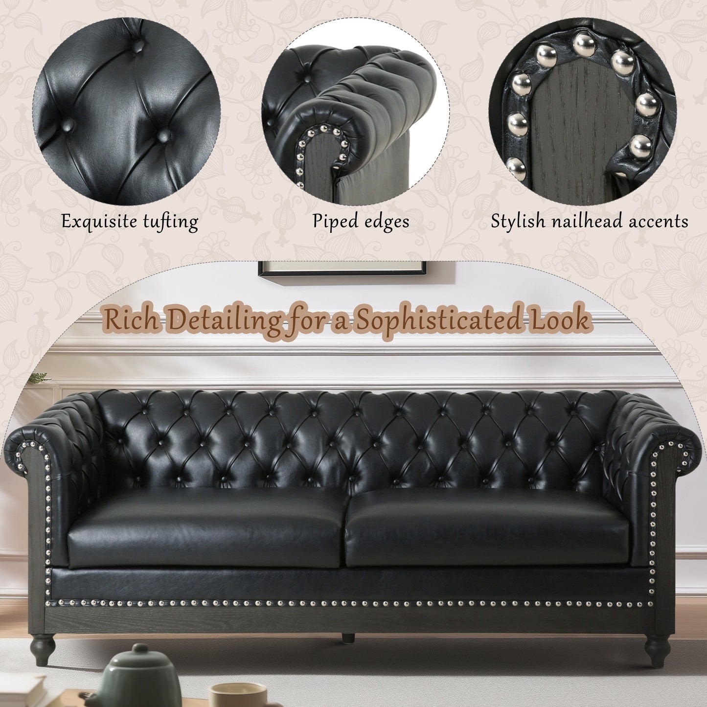 Divano Chesterfield 78.75 in similpelle nera a 3 posti con gambe in legno e borchie per soggiorno