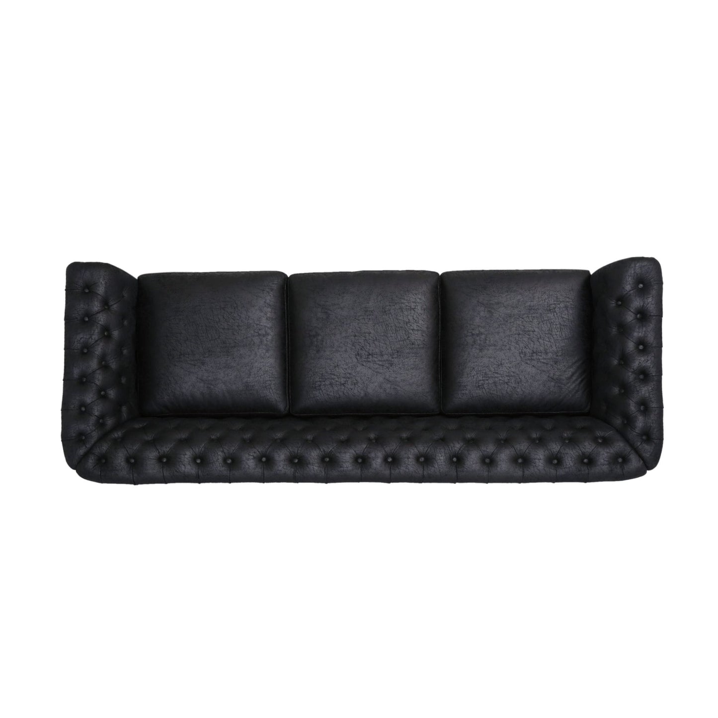 Divano Chesterfield nero 84.75 imbottito con bottoni, 3 posti, borchie e gambe in legno per soggiorno