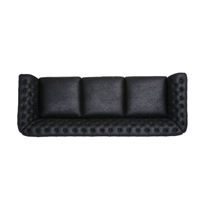 Divano Chesterfield nero 84.75 imbottito con bottoni, 3 posti, borchie e gambe in legno per soggiorno