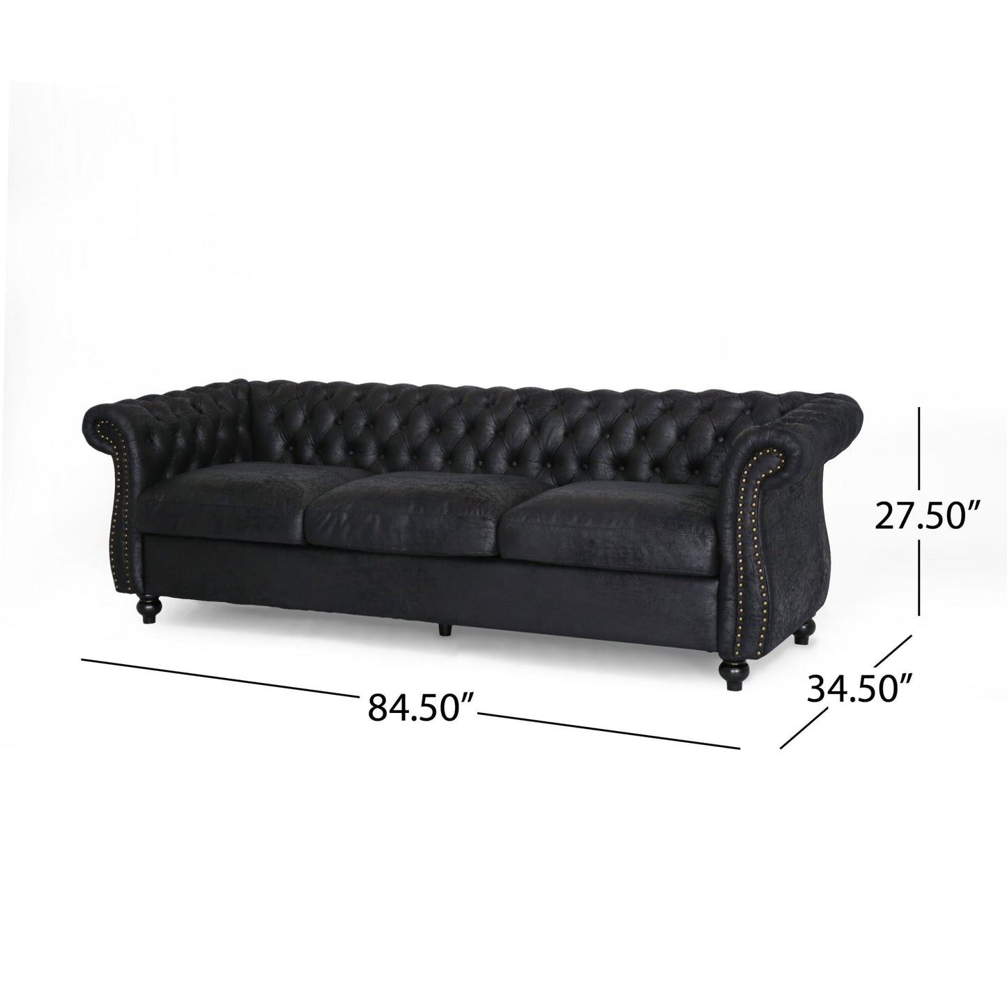 Divano Chesterfield nero 84.75 imbottito con bottoni, 3 posti, borchie e gambe in legno per soggiorno