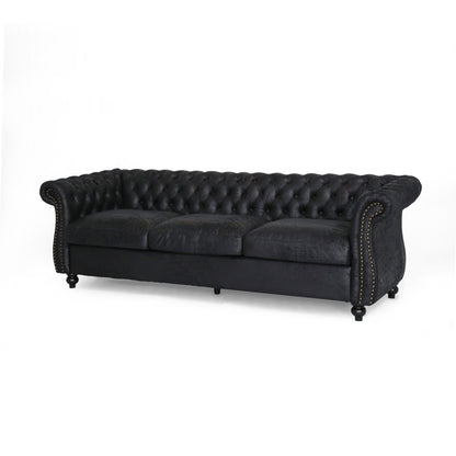Divano Chesterfield nero 84.75 imbottito con bottoni, 3 posti, borchie e gambe in legno per soggiorno