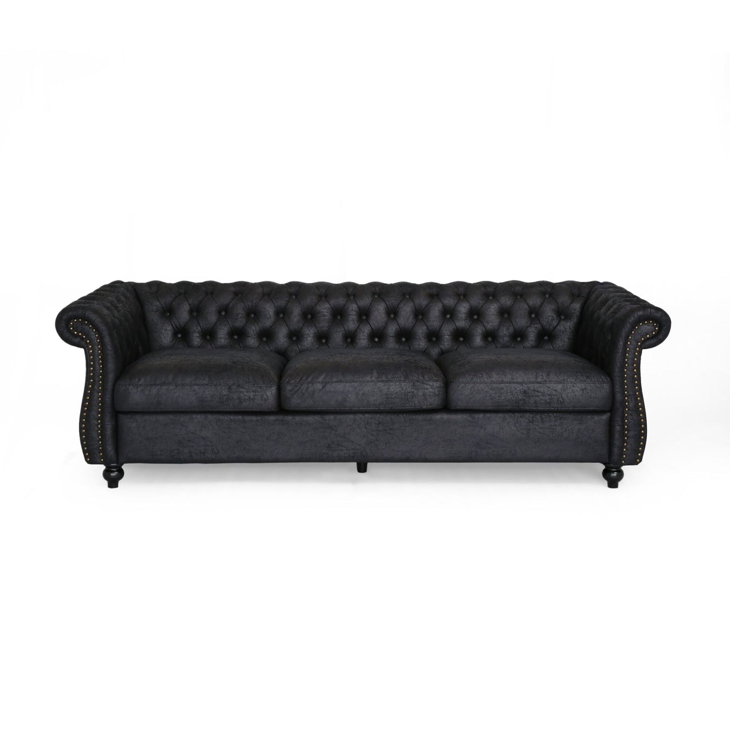 Divano Chesterfield nero 84.75 imbottito con bottoni, 3 posti, borchie e gambe in legno per soggiorno