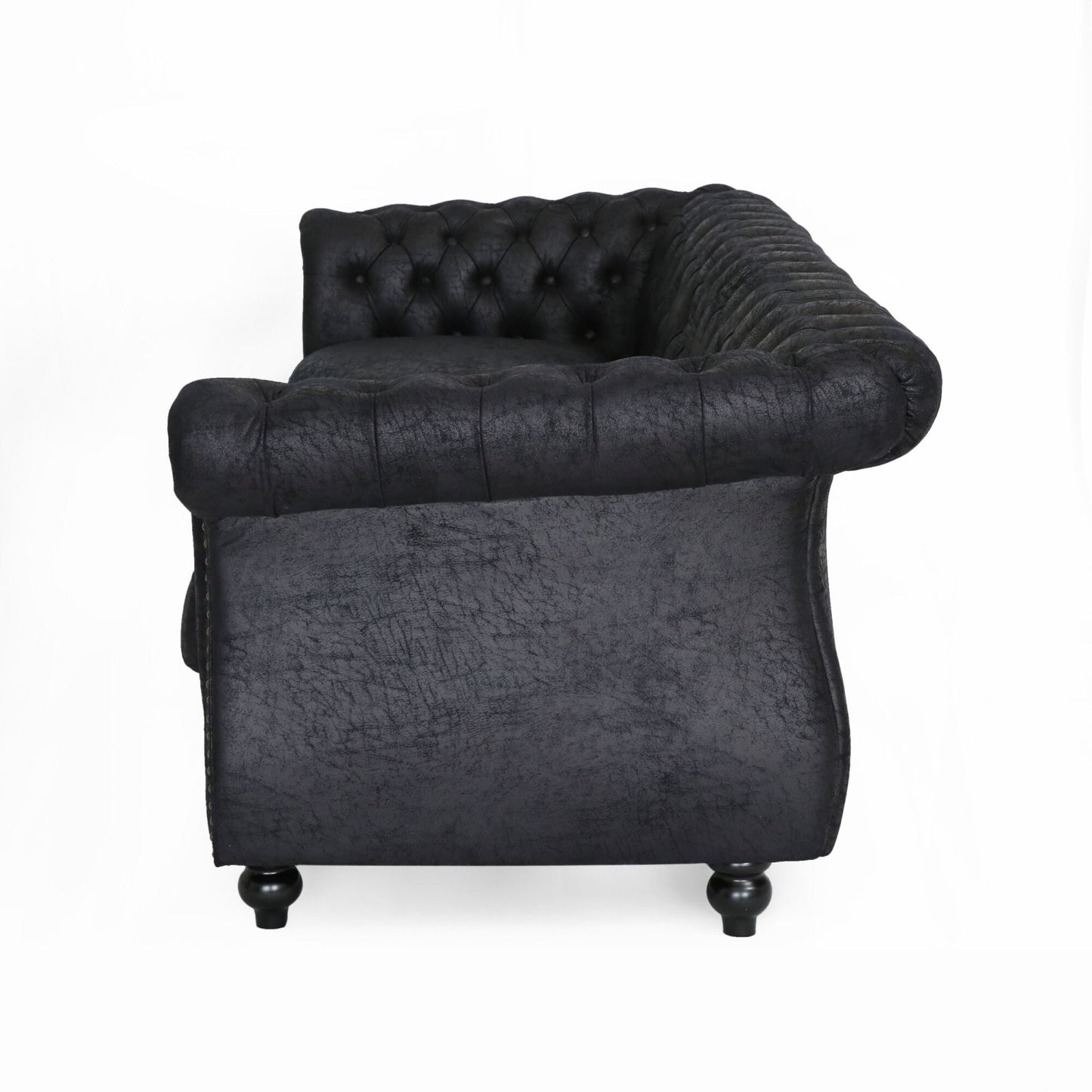 Divano Chesterfield nero a 3 posti con bottoni e borchie