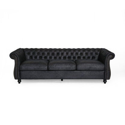 Divano Chesterfield nero a 3 posti con bottoni e borchie