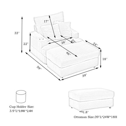 Poltrona in velluto a coste nero con pouf e portabicchieri