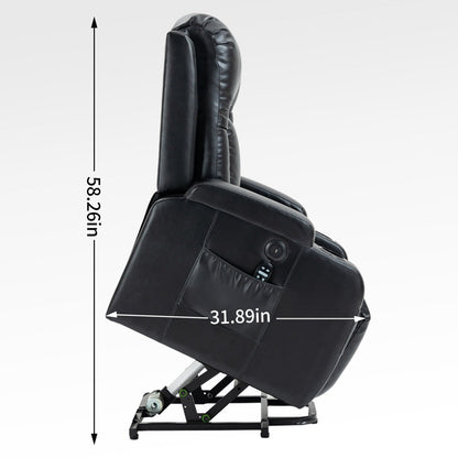 Poltrona reclinabile elettrica nera adatta agli anziani con massaggio vibrante, riscaldamento lombare, porta USB e portabicchieri