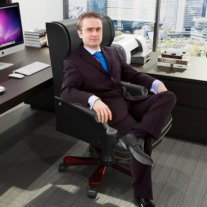 Poltrona reclinabile ergonomica da ufficio girevole in similpelle nera con poggiapiedi, schienale con bottoni trapuntati, decorazione con borchie