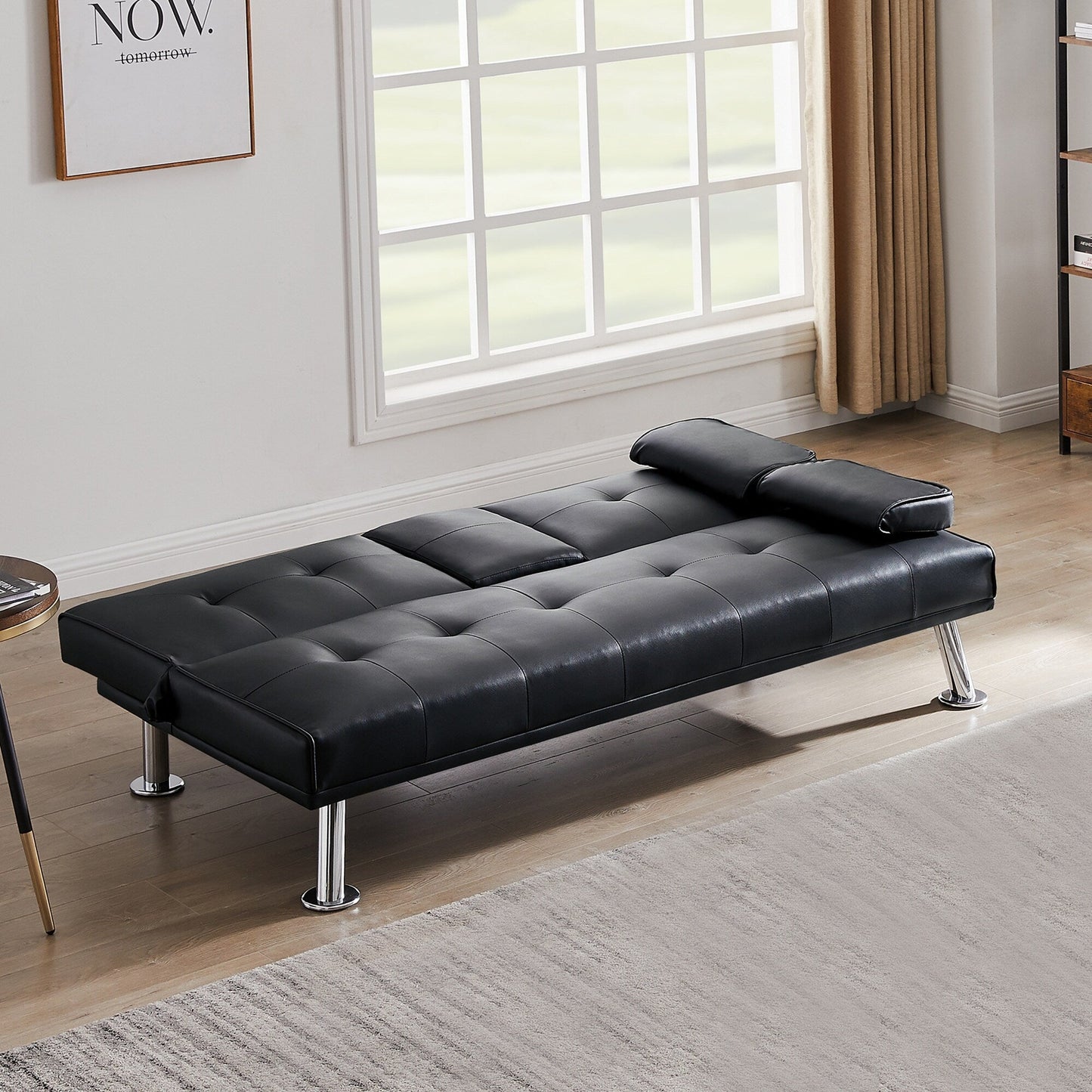 Divano letto a due posti in similpelle nera con portabicchieri, divano letto pieghevole trasformabile. - 31,50 x 65,75 x 29,53