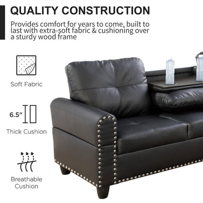 Set di divani in similpelle nera, 3 pezzi