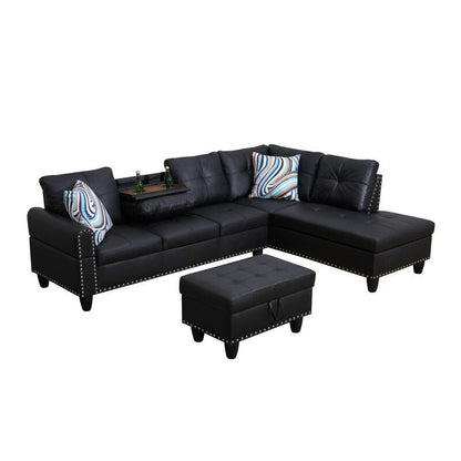 Set di divani in similpelle nera, 3 pezzi