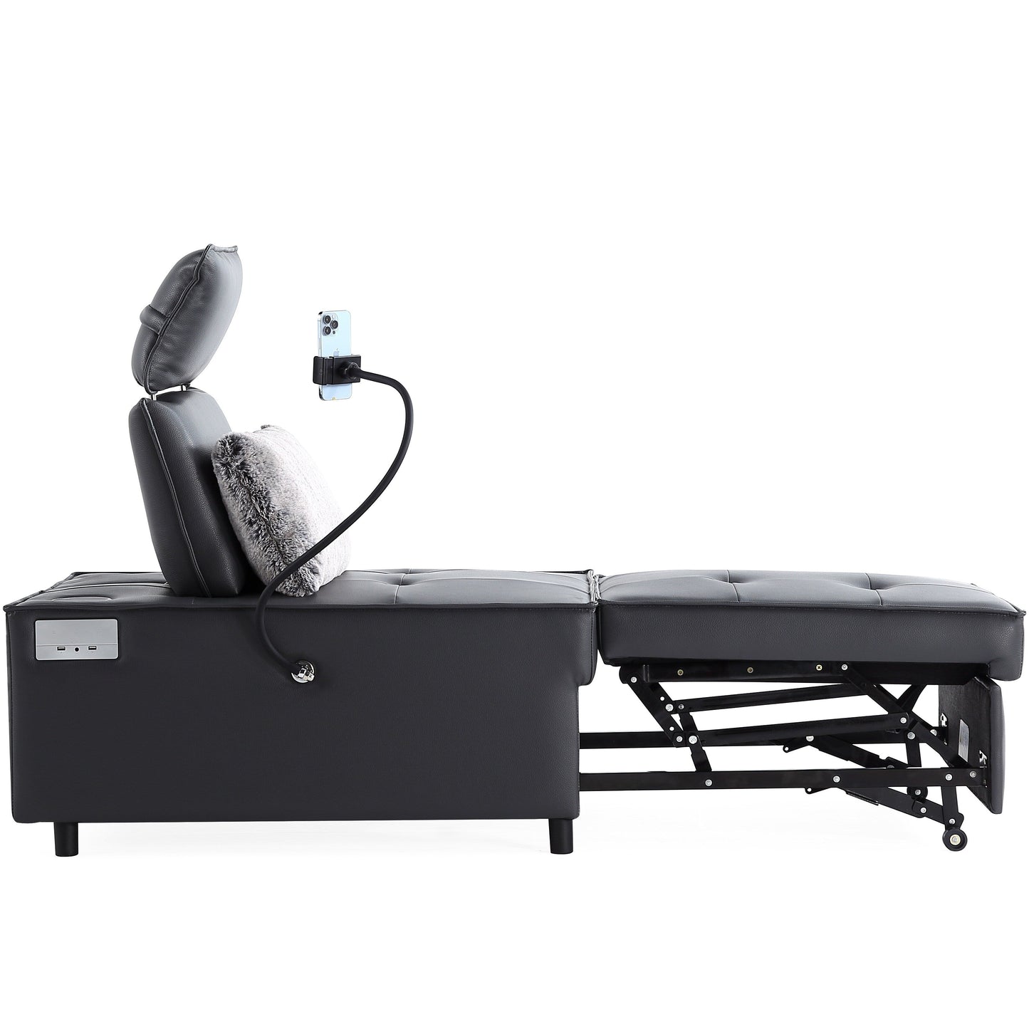 Divano letto in pelle nera con altoparlante Bluetooth e porte USB