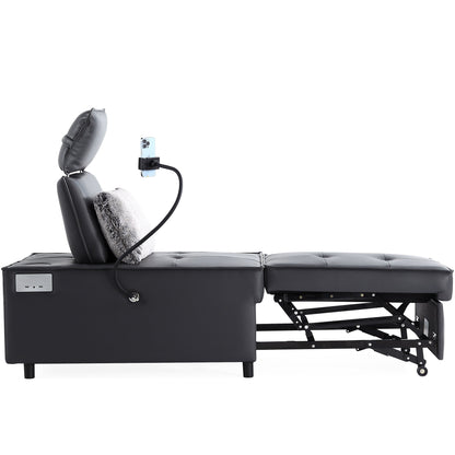 Divano letto in pelle nera con altoparlante Bluetooth e porte USB