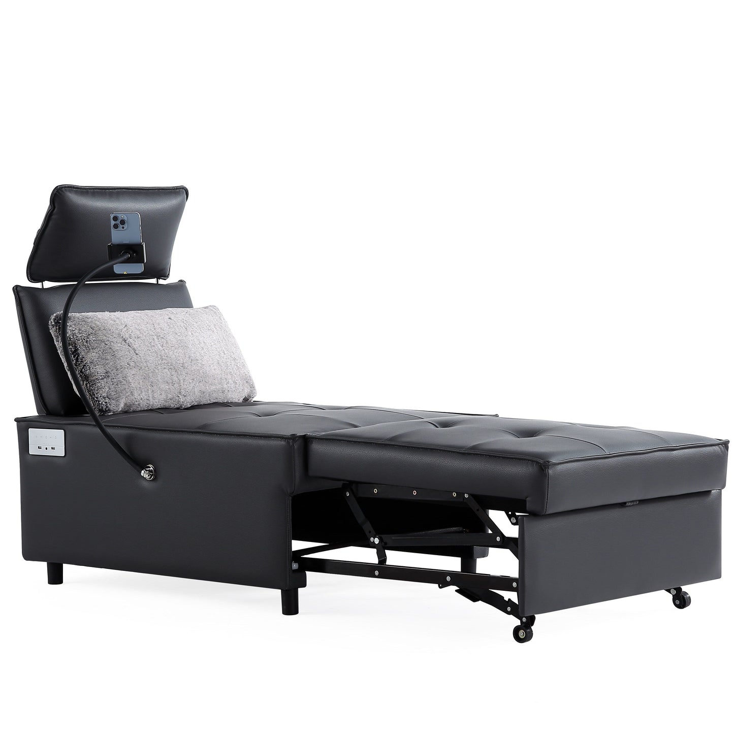 Divano letto in pelle nera con altoparlante Bluetooth e porte USB