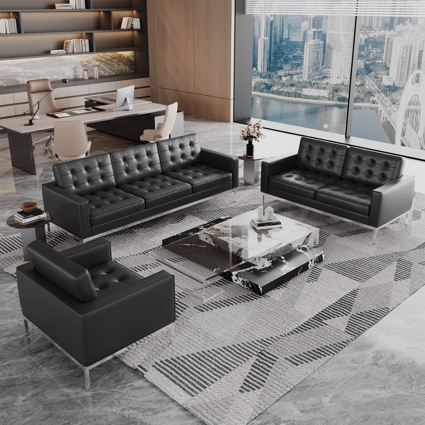 Divano multiposto Florence in similpelle nera con borchie, 33''-83''W