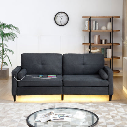 Divano a 3 posti in lino nero con luci a LED e porte USB