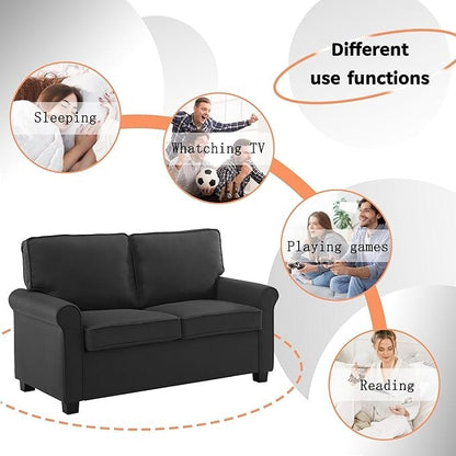 Divano letto a due posti in lino nero con materasso in memory foam