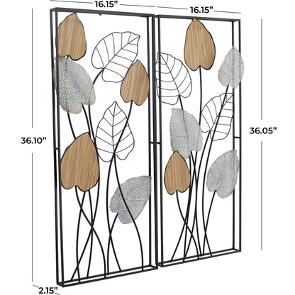 Decorazione da parete in foglia di metallo nero con cornice nera (set da 2)