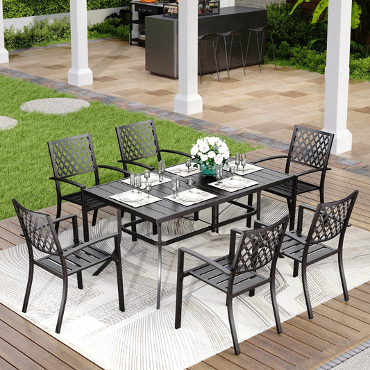 MAISON ARTS Set da pranzo da giardino rettangolare in metallo nero da 7 pezzi con foro per ombrellone