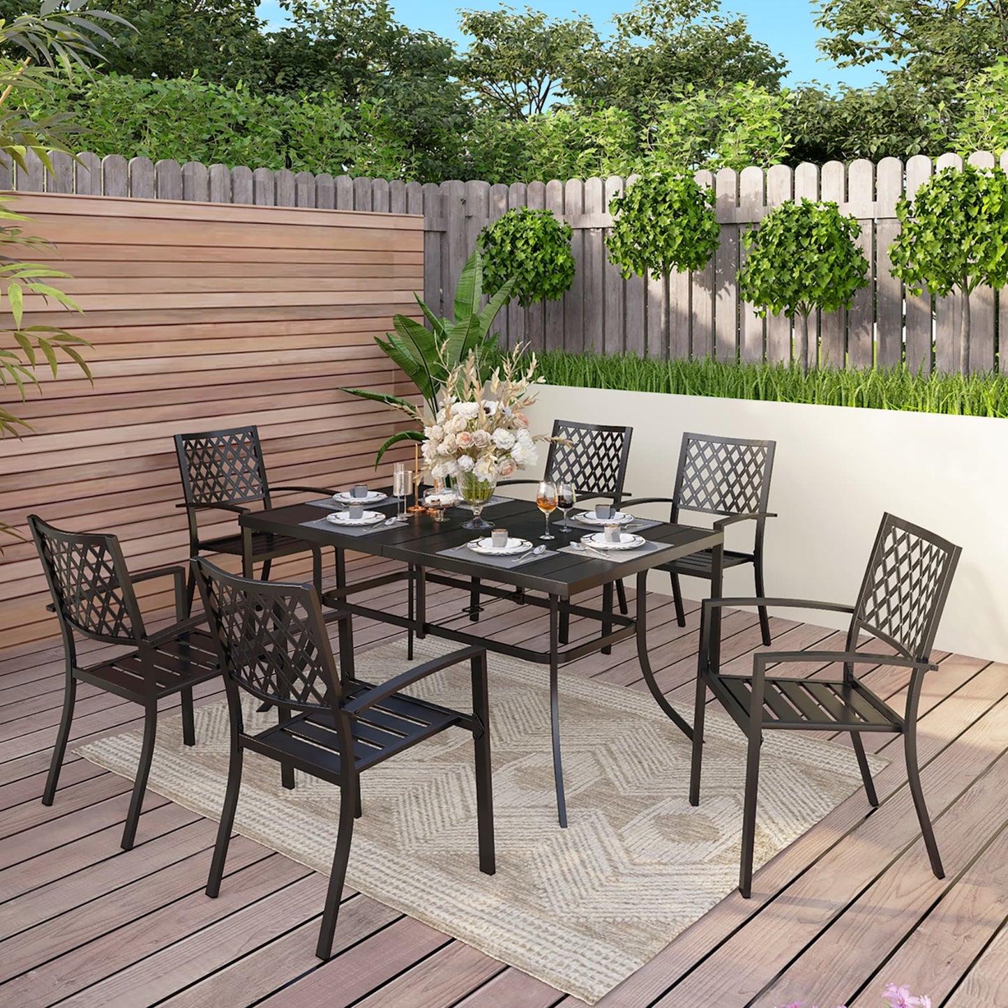 MAISON ARTS Set da pranzo da giardino rettangolare in metallo nero da 7 pezzi con foro per ombrellone