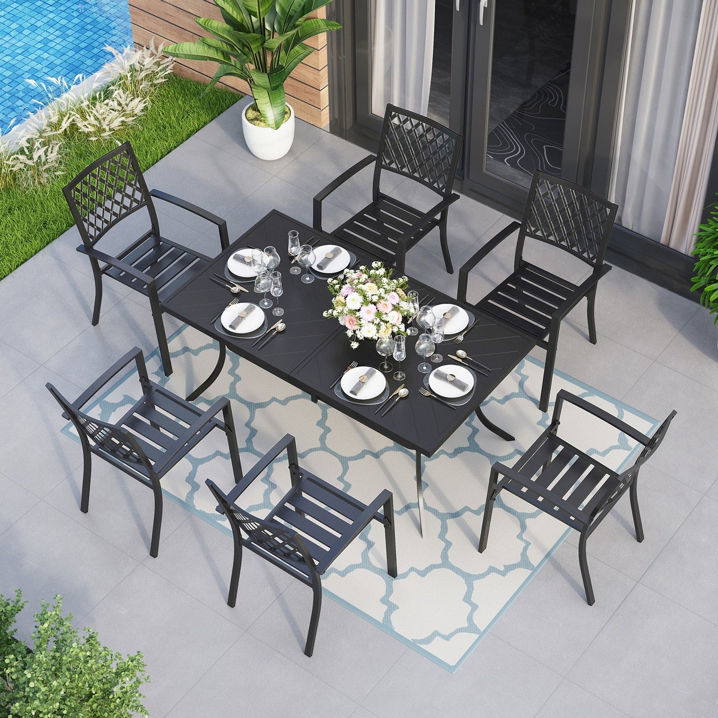 MAISON ARTS Set da pranzo da giardino rettangolare in metallo nero da 7 pezzi con foro per ombrellone
