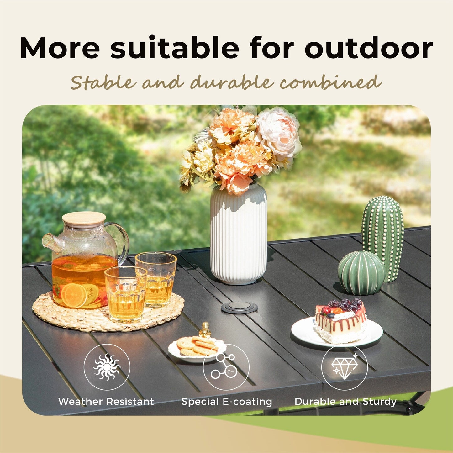 MAISON ARTS Set da pranzo da giardino rettangolare in metallo nero da 7 pezzi con foro per ombrellone