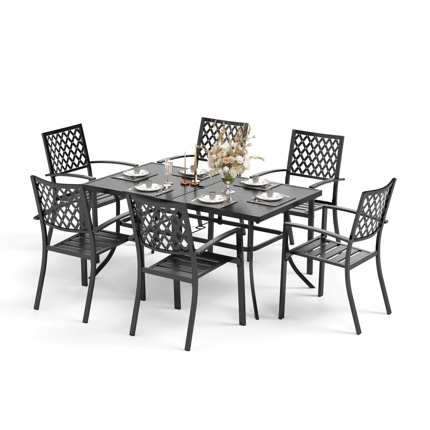 MAISON ARTS Set da pranzo da giardino rettangolare in metallo nero da 7 pezzi con foro per ombrellone