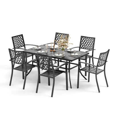 MAISON ARTS Set da pranzo da giardino rettangolare in metallo nero da 7 pezzi con foro per ombrellone