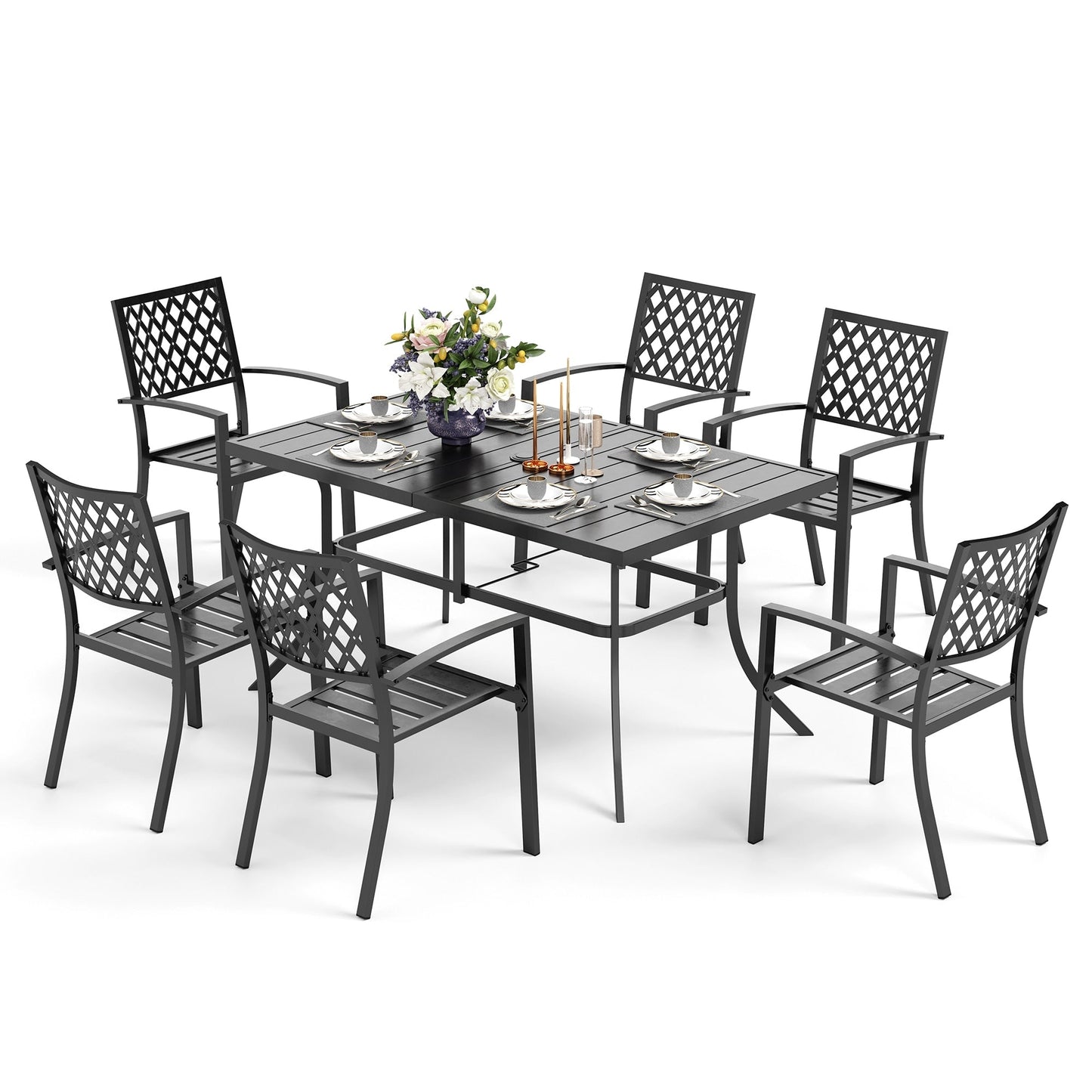 MAISON ARTS Set da pranzo da giardino rettangolare in metallo nero da 7 pezzi con foro per ombrellone