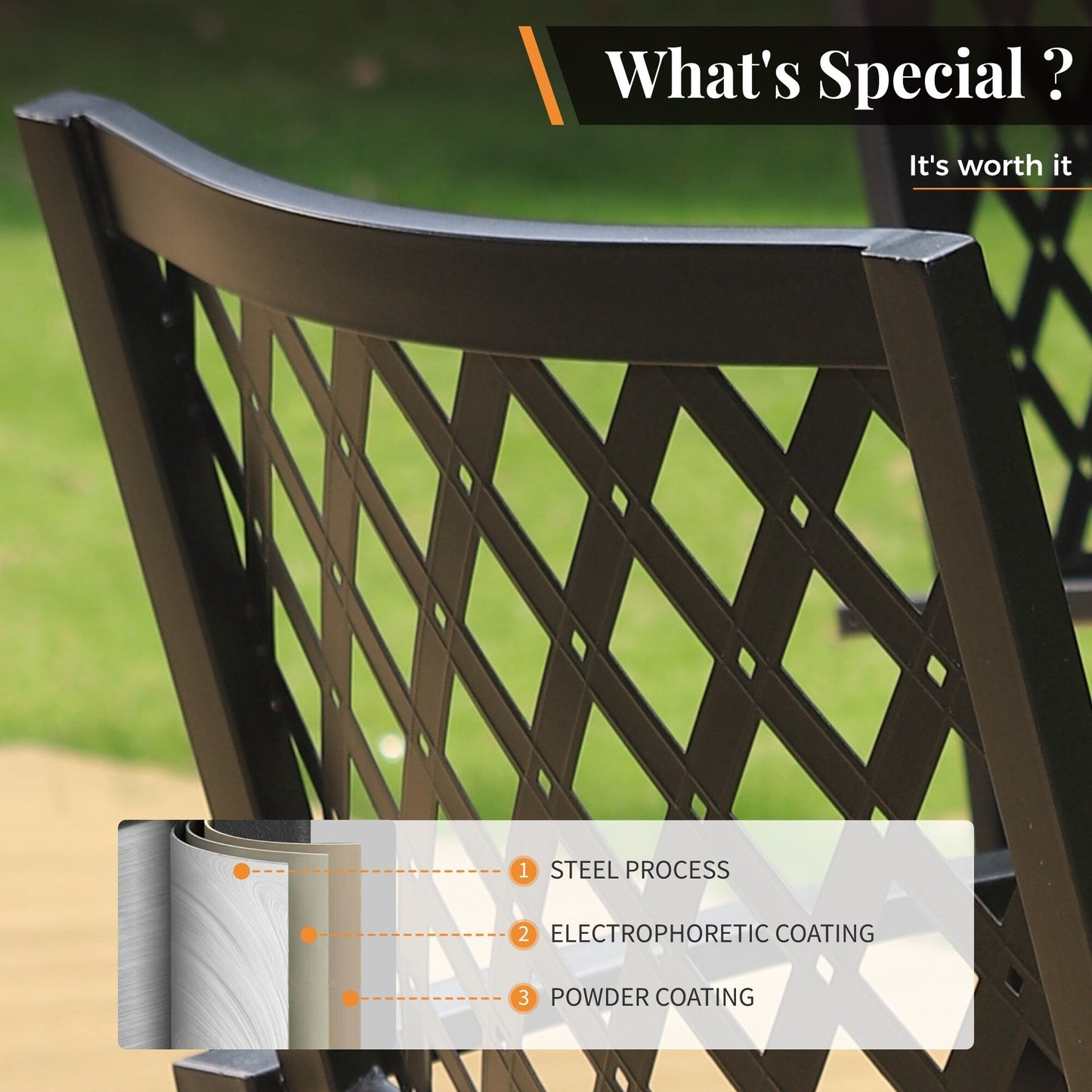 MAISON ARTS Set da pranzo da giardino rettangolare in metallo nero da 7 pezzi con foro per ombrellone