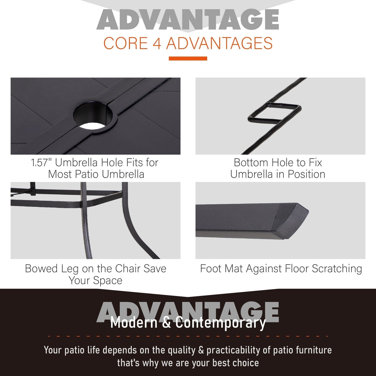 MAISON ARTS Set da pranzo da giardino rettangolare in metallo nero da 7 pezzi con foro per ombrellone