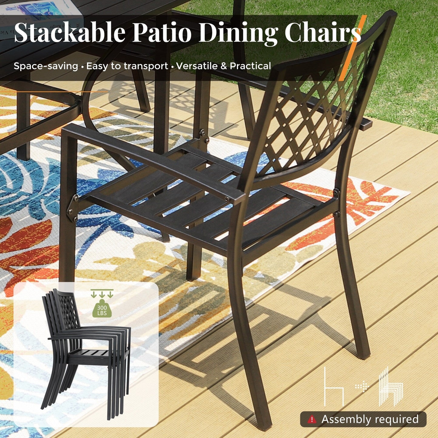 MAISON ARTS Set da pranzo da giardino rettangolare in metallo nero da 7 pezzi con foro per ombrellone