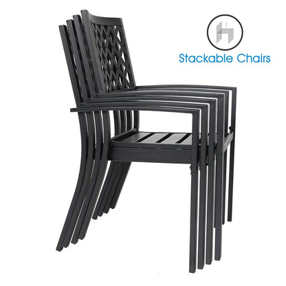 MAISON ARTS Set da pranzo da giardino rettangolare in metallo nero da 7 pezzi con foro per ombrellone