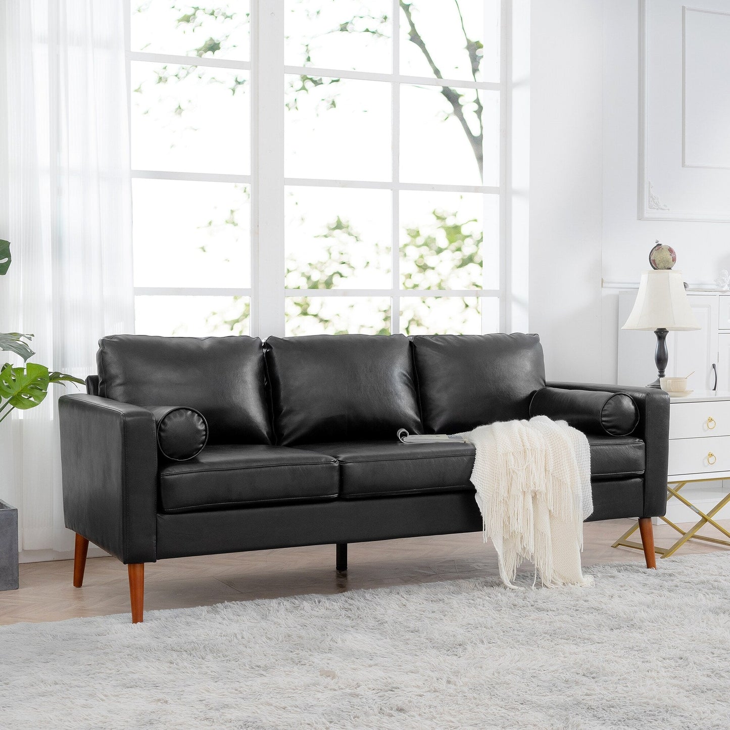 Divano a 3 posti Mid Century Modern 76,7 in PU nero con struttura in ferro e legno per soggiorno