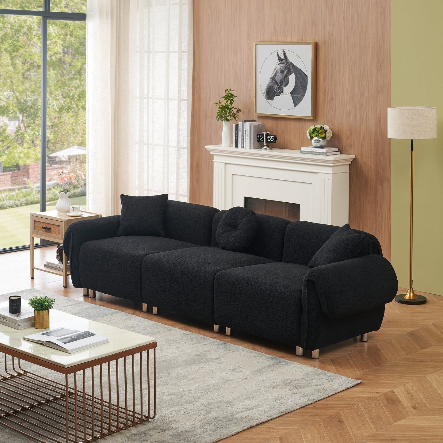 Divano moderno nero Teddy Velvet 112 a 3 posti con 3 cuscini e per soggiorno