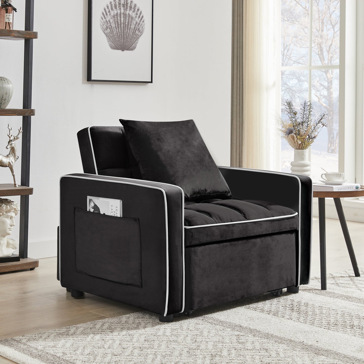 Divano letto singolo 3 in 1 in velluto moderno nero da 35,43 cm con schienale regolabile e tasca per soggiorno