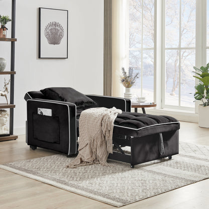 Divano letto singolo 3 in 1 in velluto moderno nero da 35,43 cm con schienale regolabile e tasca per soggiorno