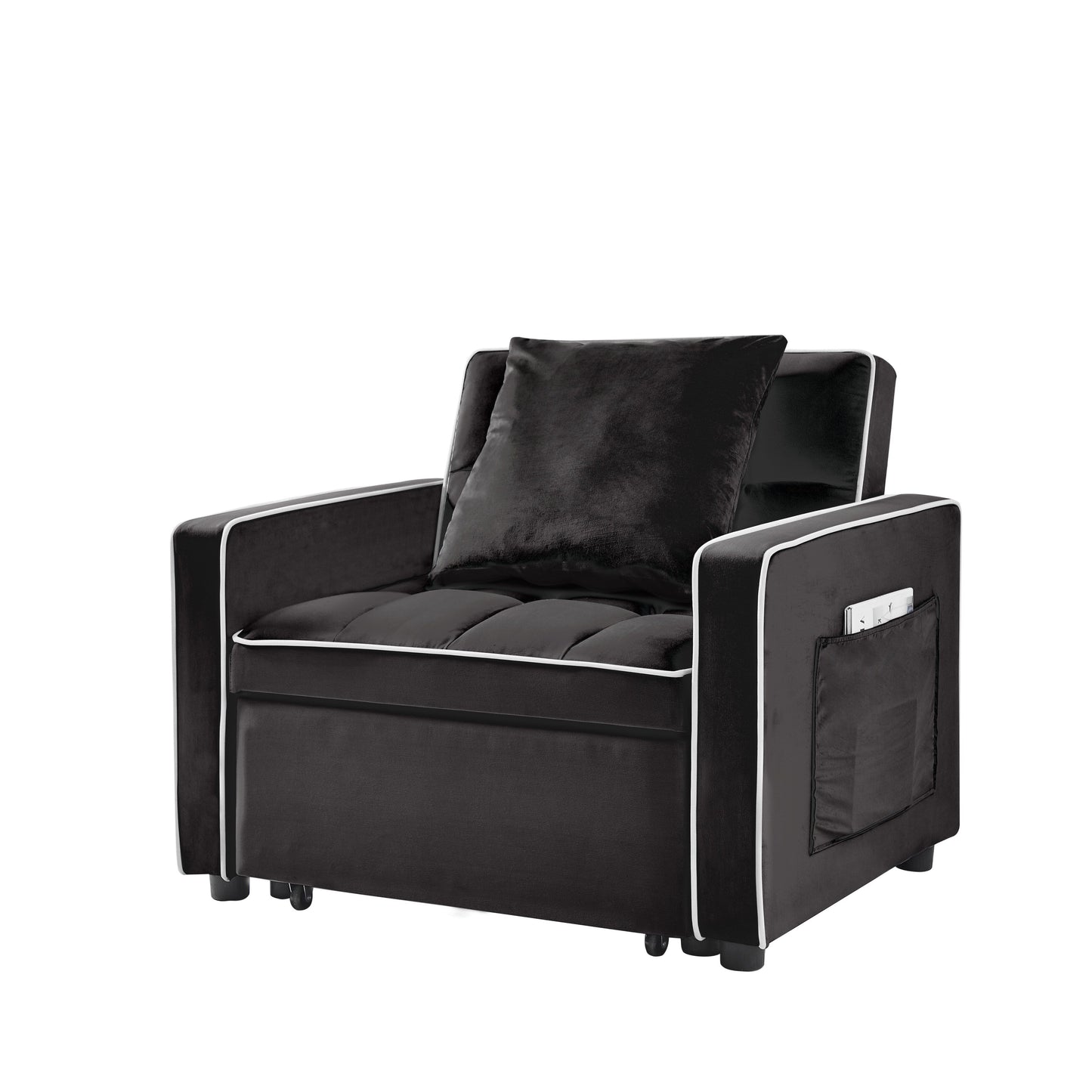 Divano letto singolo 3 in 1 in velluto moderno nero da 35,43 cm con schienale regolabile e tasca per soggiorno