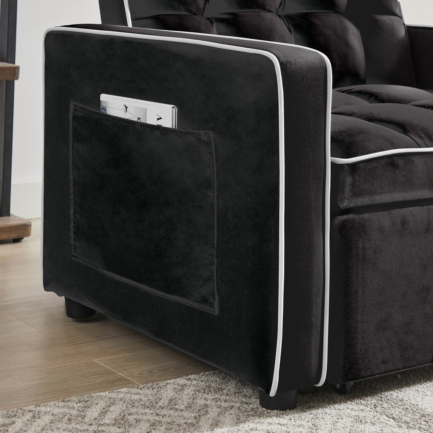 Divano letto singolo 3 in 1 in velluto moderno nero da 35,43 cm con schienale regolabile e tasca per soggiorno