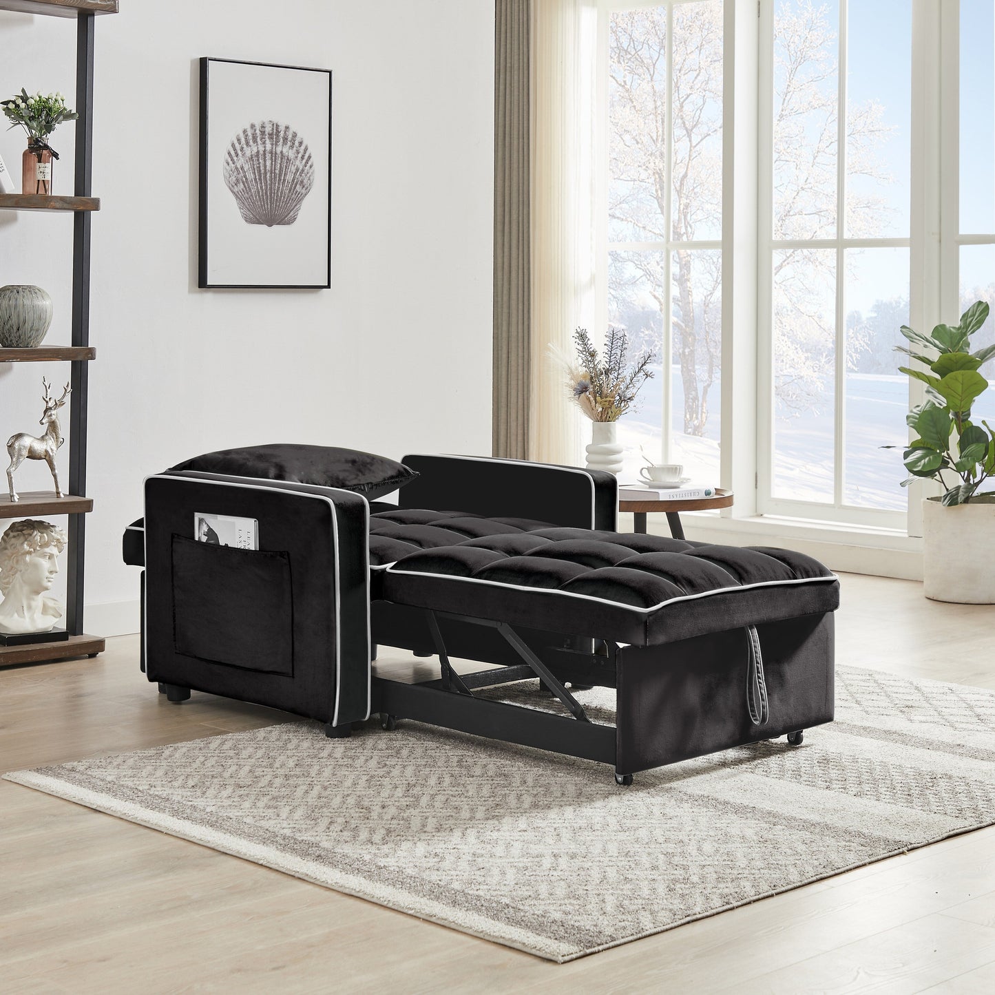 Divano letto singolo 3 in 1 in velluto moderno nero da 35,43 cm con schienale regolabile e tasca per soggiorno