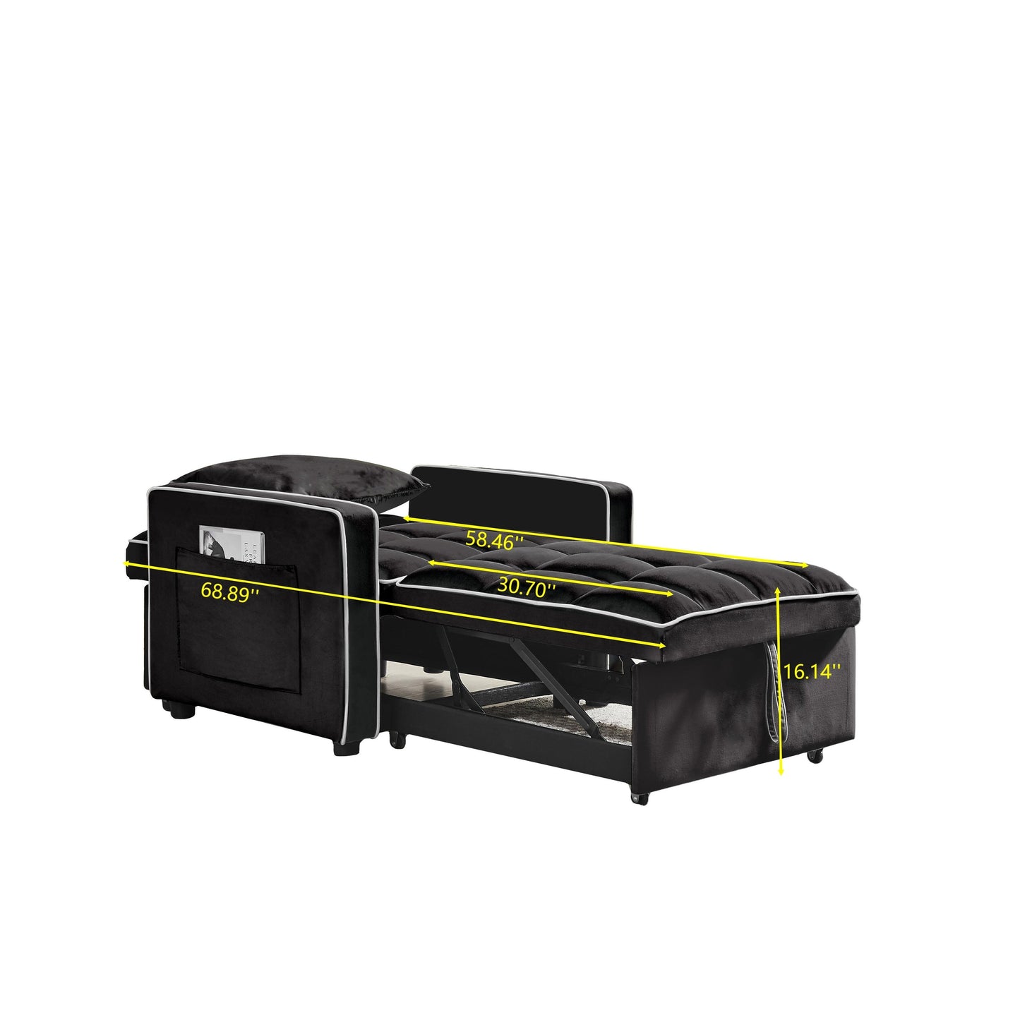 Divano letto singolo 3 in 1 in velluto moderno nero da 35,43 cm con schienale regolabile e tasca per soggiorno