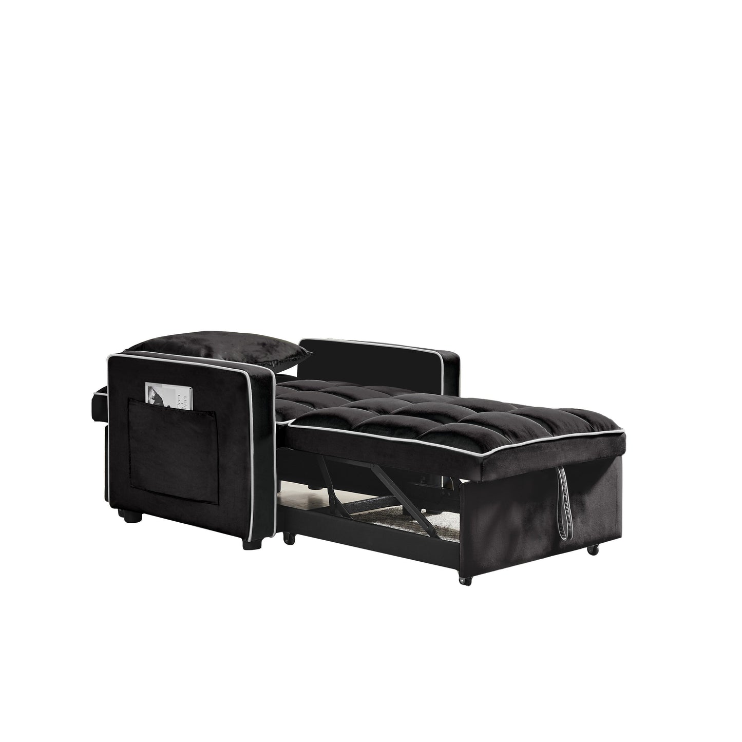 Divano letto singolo 3 in 1 in velluto moderno nero da 35,43 cm con schienale regolabile e tasca per soggiorno