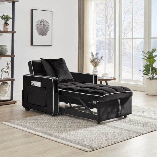 Divano letto singolo 3 in 1 in velluto moderno nero da 35,43 cm con schienale regolabile e tasca per soggiorno