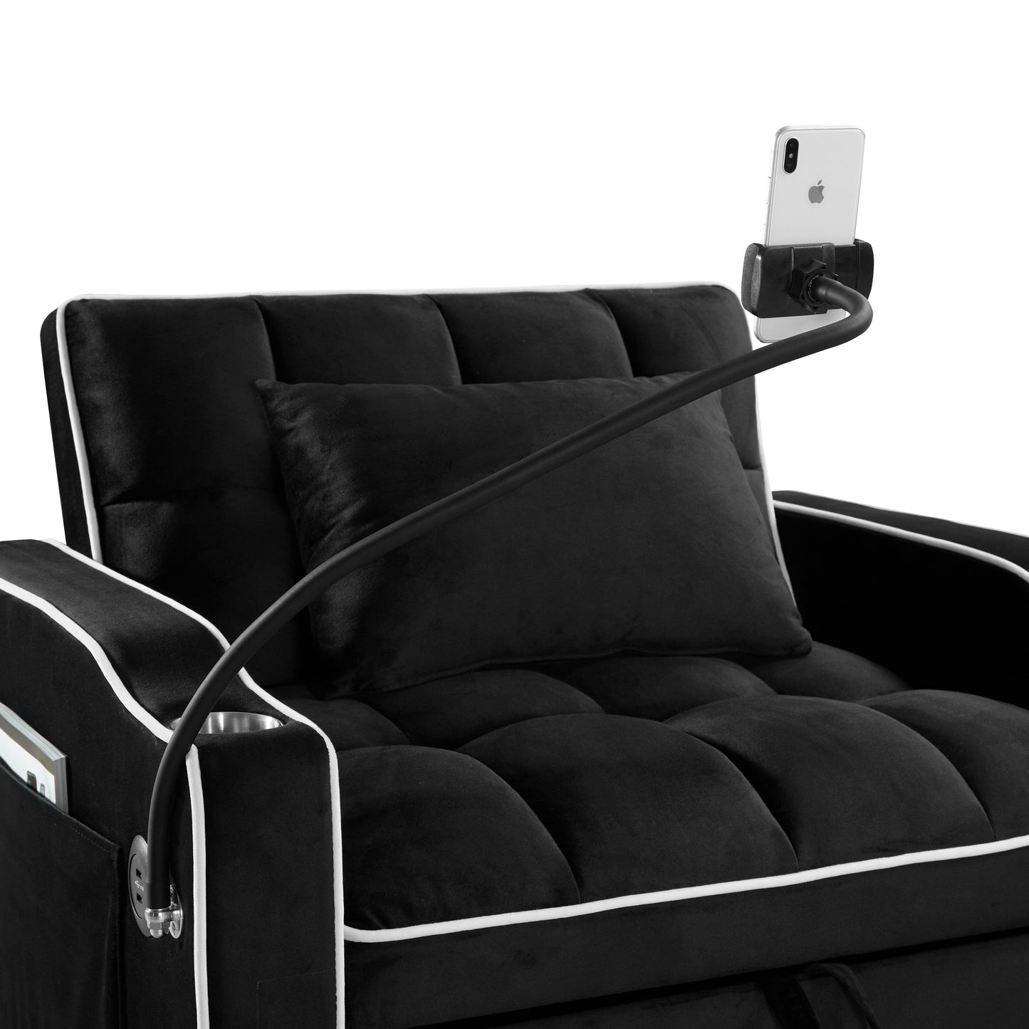 Divano letto singolo convertibile in velluto 3 in 1 moderno nero da 35,83 cm con schienale regolabile e porta di ricarica USB per soggiorno