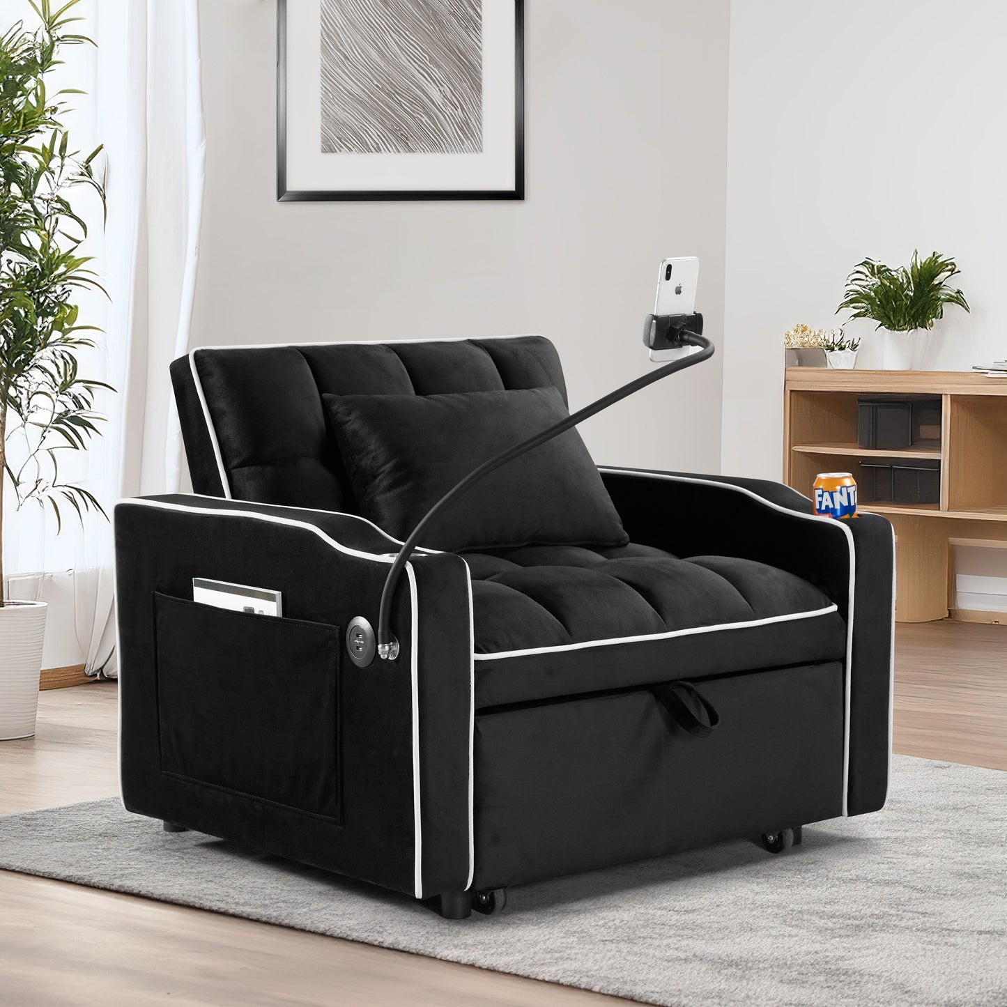 Divano letto singolo convertibile in velluto 3 in 1 moderno nero da 35,83 cm con schienale regolabile e porta di ricarica USB per soggiorno