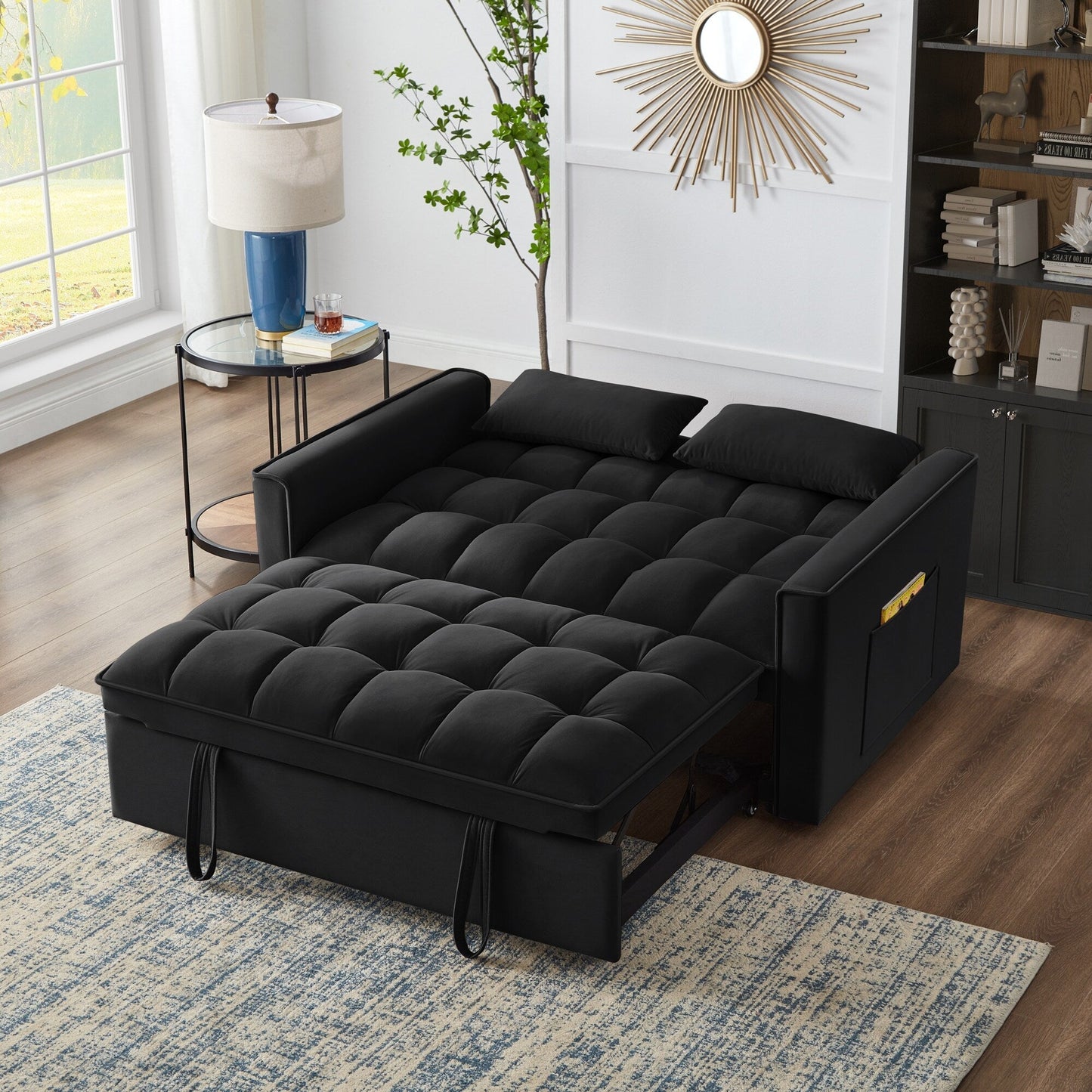 Divano letto moderno nero 52,5 in velluto 4 in 1, multifunzionale, imbottito, con schienale regolabile e cuscini