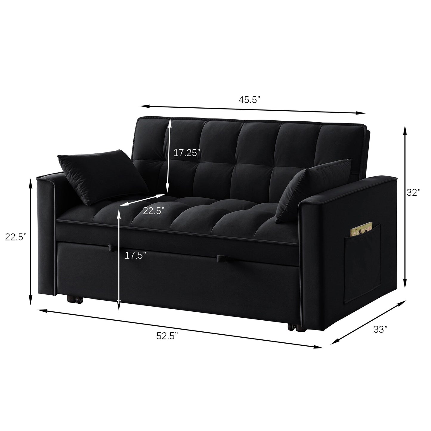 Divano letto moderno nero 52,5 in velluto 4 in 1, multifunzionale, imbottito, con schienale regolabile e cuscini