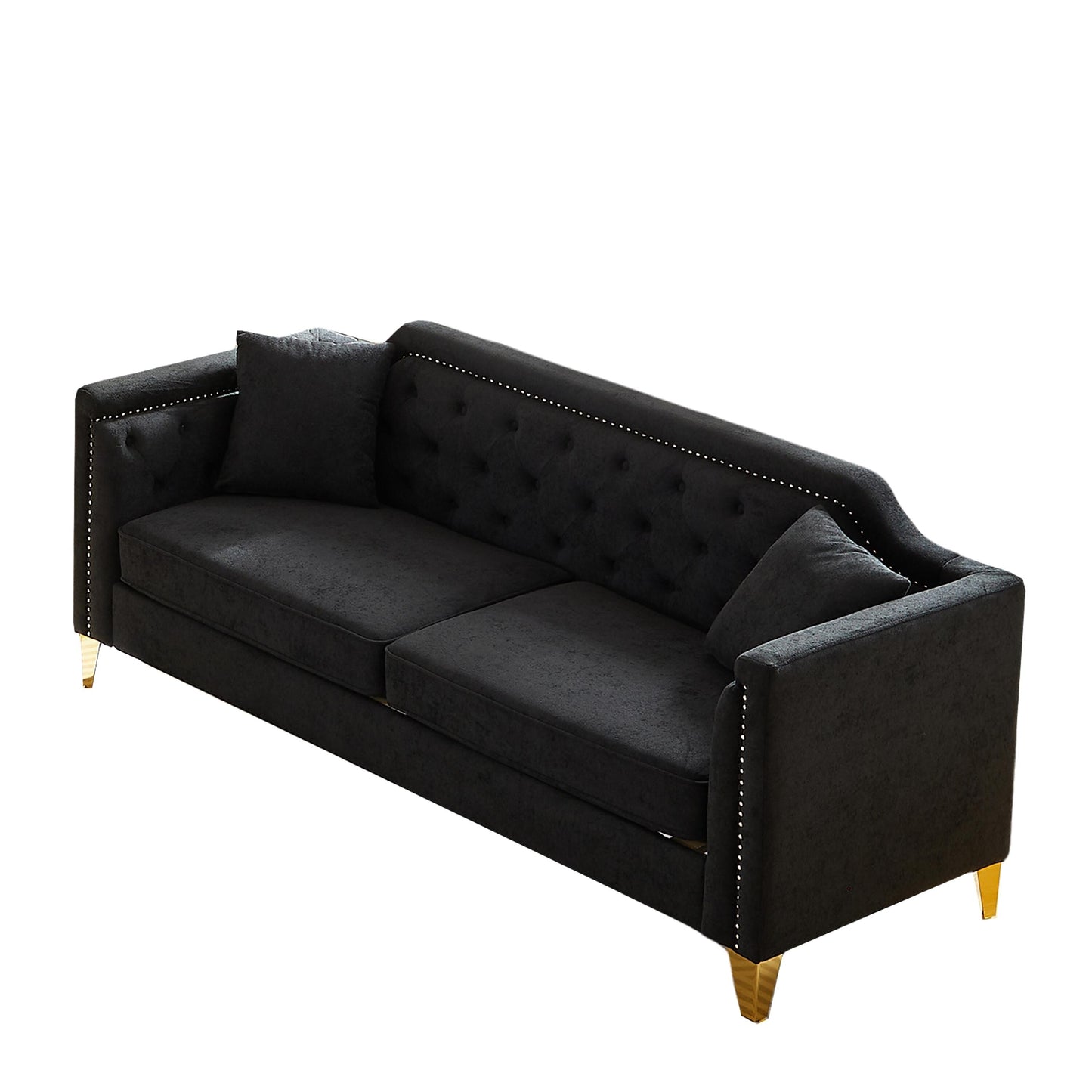 Divano moderno nero da 61,5 posti in ciniglia con bottoni, bracciolo decorato con chiodi in rame e 2 cuscini per soggiorno