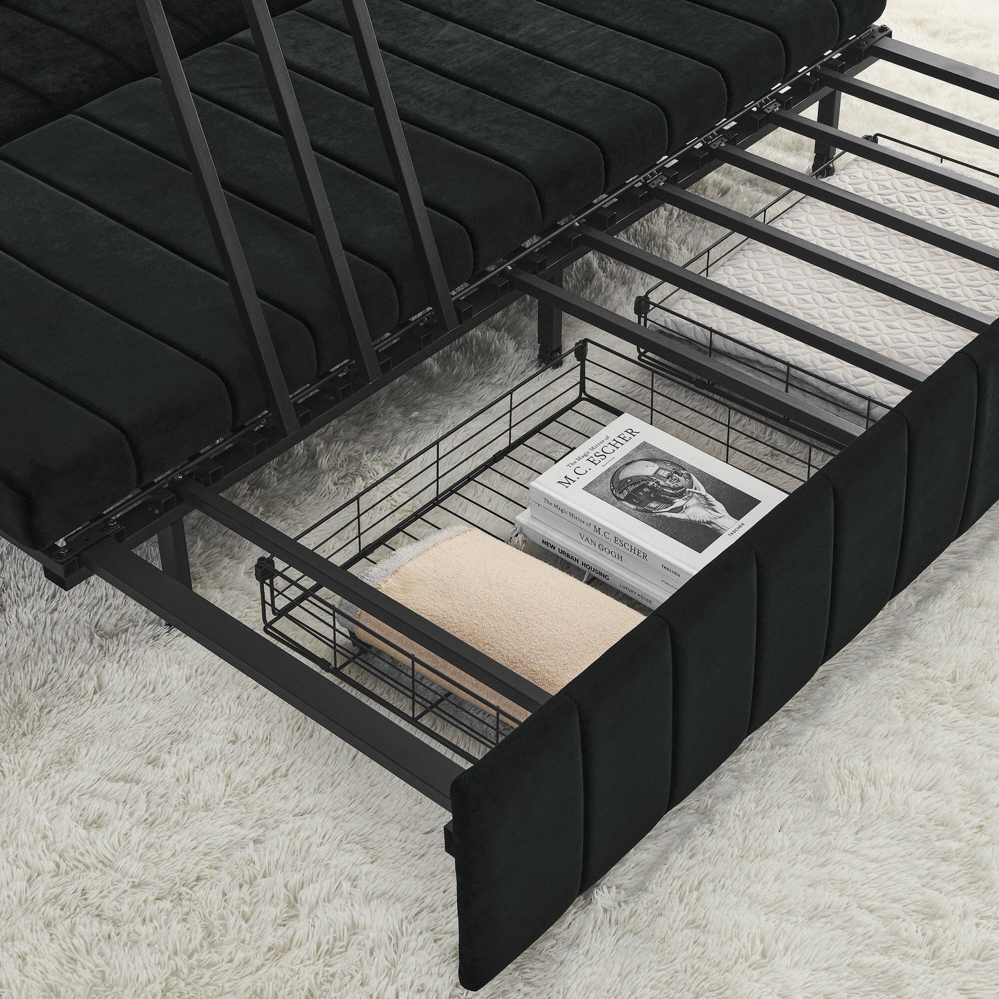 Divano letto estraibile 3 in 1 moderno nero 68 in schiuma con chiodi in rame e due cassetti