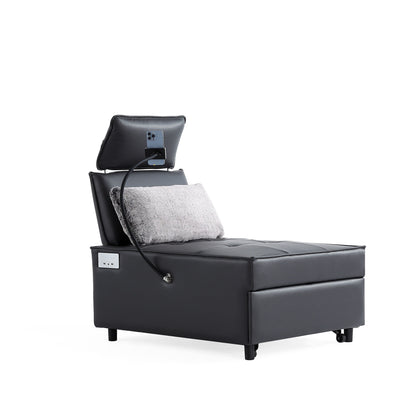 Divano letto moderno nero 70.86 3 in 1 in pelle con altoparlante Bluetooth, 2 porte USB e supporto per telefono