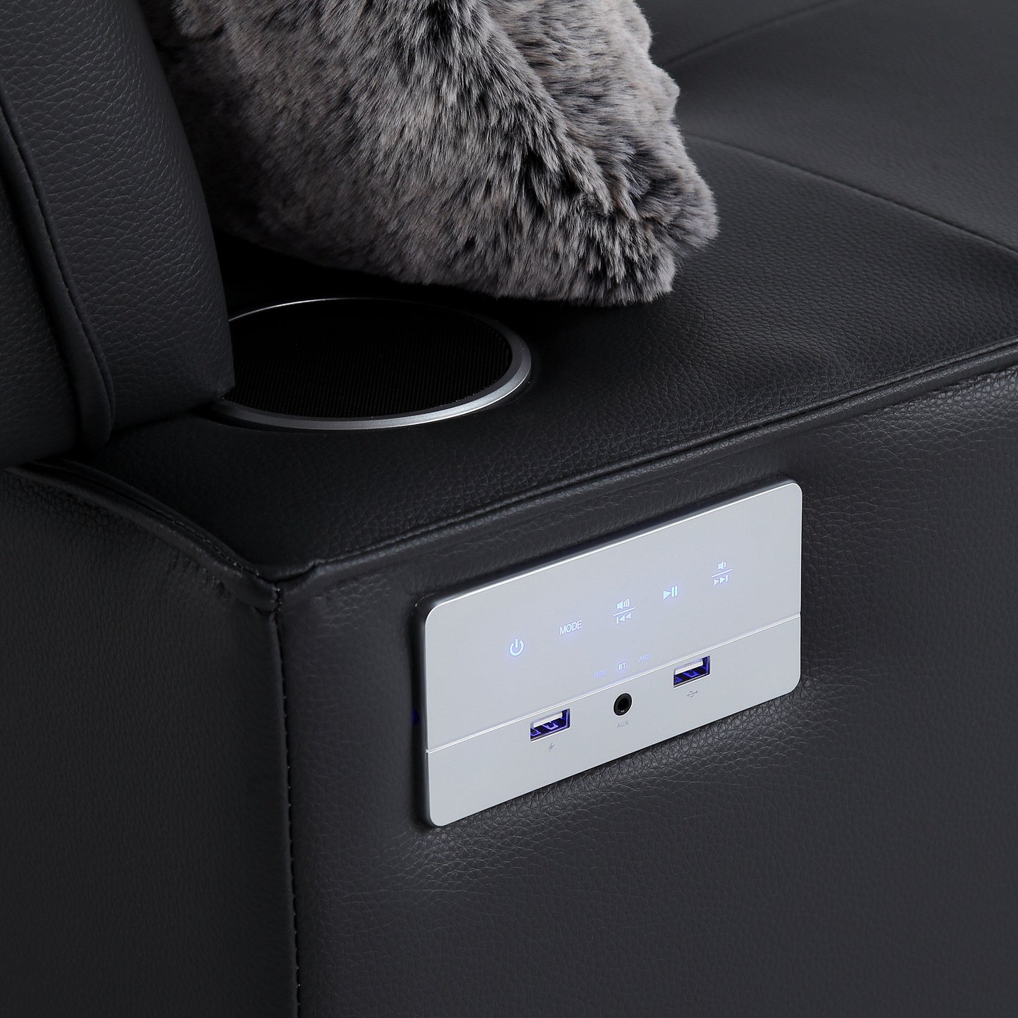 Divano letto moderno nero 70.86 3 in 1 in pelle con altoparlante Bluetooth, 2 porte USB e supporto per telefono